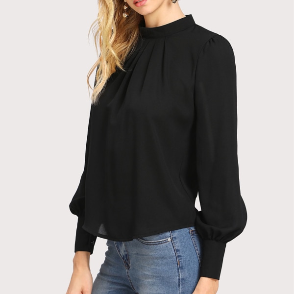 Kvinne Skjorte Small Høy Hals Bakhull Lanterne Lang Erme Chiffon Løstsittende Kvinne Casual Pullover Svart M