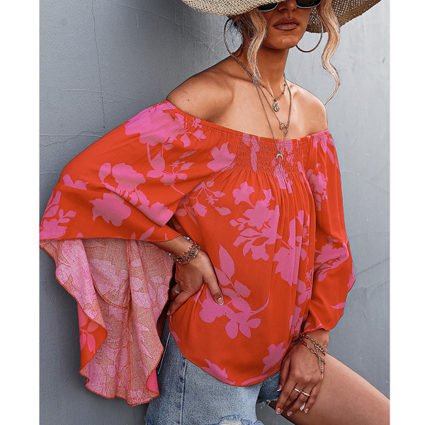 Women Off Shoulder Tops Summer High Low Hem Loose Bell Sleeve Shirred Floral Print Shirt Blouse Rose Red S