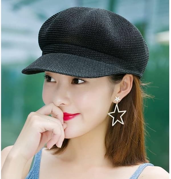 Dame Sommer Pustende Mesh Caps/Beret, Åttekantet Design, Solhatt, Strandhatt - Svart