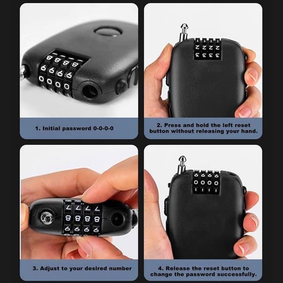 Cable Lock - Combination Lock - Secure Luggage - Retractable Cable - 130 cm - Black