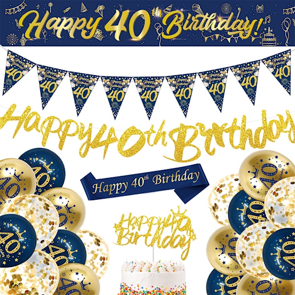 40-års Dekorationer för Män, 1 Set Blå Guld Glad 40-årsdag Banner, 40-årsdag Ballonger, Flaggor, Sash, Tårta Toppers för Män 40-årsdag