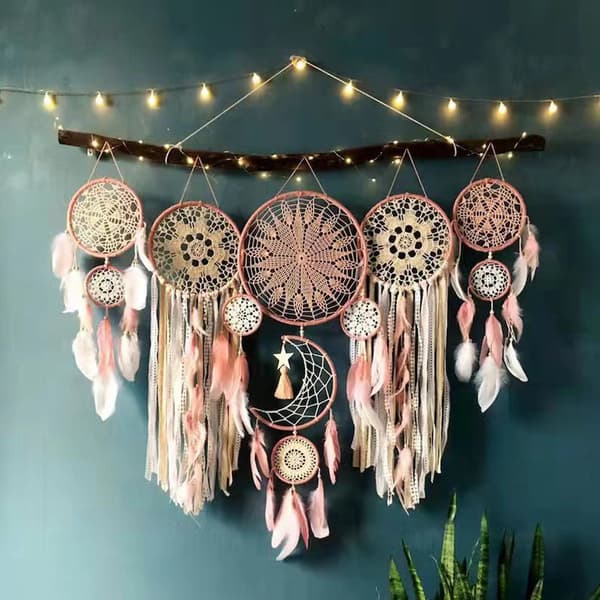 Moon & Star Dream Catcher Wall Hanging, Bed Boho Decor, Celestial Ornament