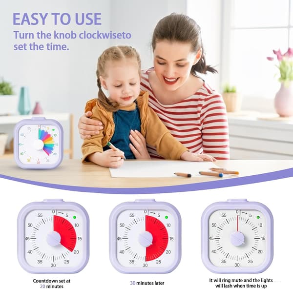 Visuel timer til børn, 60-minutters nedtællingstimer, regnbuefirkantet bordtimer til klasseværelse, studie, kontor, køkken, lydløs (lilla)