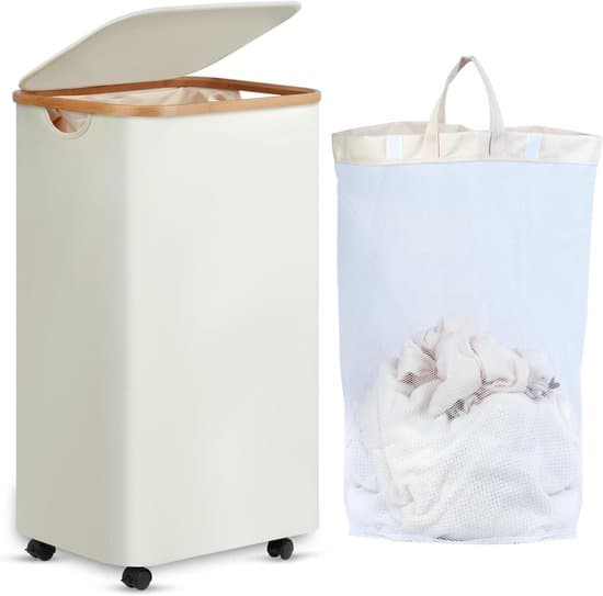 Extra Large Laundry Basket with Wheels - 100L - Beige - Bamboo - With Lid