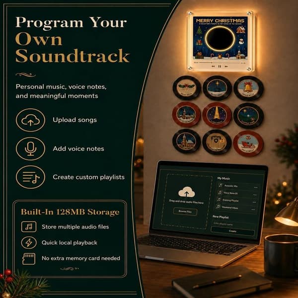Christmas Vinyl Player Fridge Record NFC Magnetic Music Box Set Mini Jingle Magnets, Refrigerator Custom Storage, Personalized Retro, 9 Programmable Parts