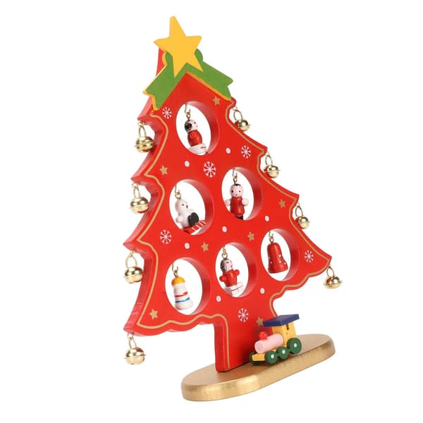Rødt juletræ i træ til bordplade med miniaturepynt til skrivebords- og hyldevisning