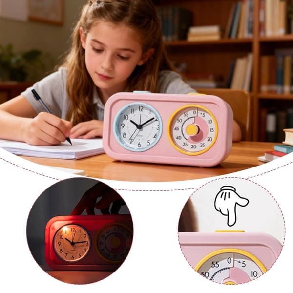 Child-Friendly Visual Timer with Clock Function - 60-Minute Countdown Timer with Dual Displays, Alarm, and Night Light, for Homework, Screen Time