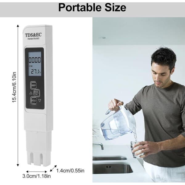 3-i-1 Vandtester TDS/EC/PPM Baggrundsbelyst Display, til Akvarium, Swimmingpool, Drikkevand