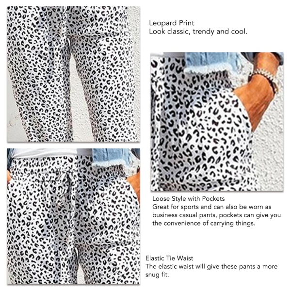 Kvinnors byxor leopardmönster dragsko elastisk midja byxor lösa casual lounge byxor med fickor vit XL