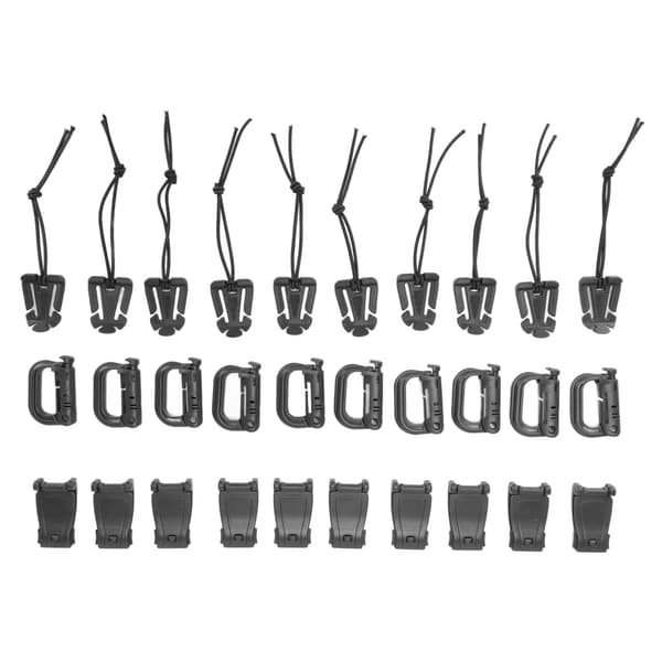 30-pack ryggsäcksremklämmor med D-ring, låsspännen och elastiskt sladdhanteringsset, svart
