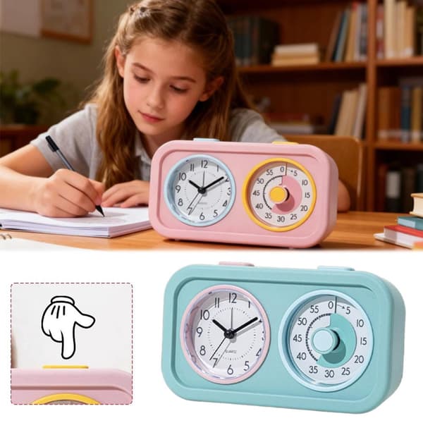 Child-Friendly Visual Timer with Clock Function - 60-Minute Countdown Timer with Dual Displays, Alarm, and Night Light, for Homework, Screen Time