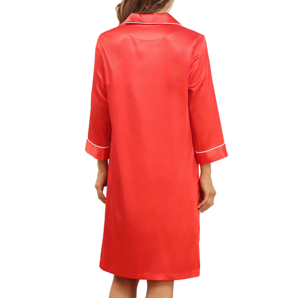 Kvinnor V-ringad nattskjorta Ren färg Snygg Elegant Knäppning Nattlinne Pyjamas klänning med ficka Röd XL