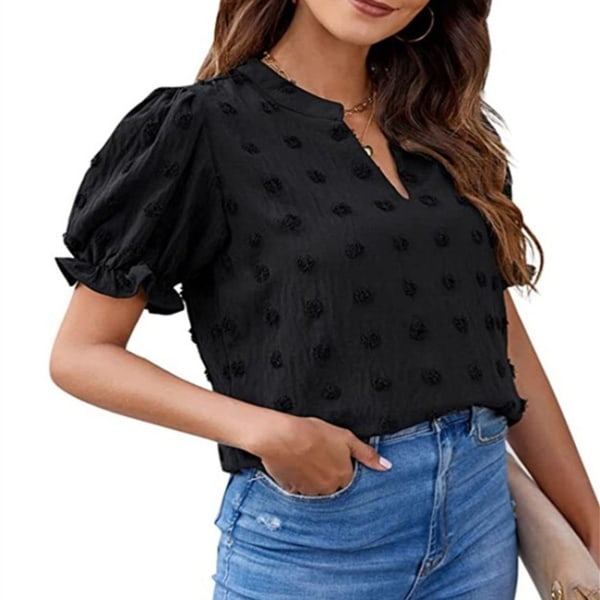 Women Chiffon Shirts Casual Summer Tops Puff Short Sleeve V Neck Swiss Dot Pom Pom Blouses for Work Travel Party Black S