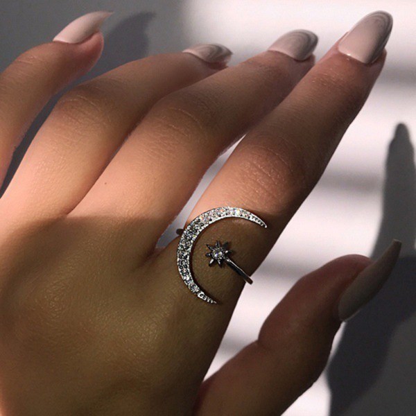 Halvmåne Stjerne Ringe til Kvinder Piger Justerbar Måne Åben Ring Cubic Zirconia Minimalistisk Ring Smykker Valentinsdag Gave