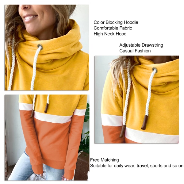 Damtröjor Ren Färgblockering Hög Hals Hoodie Dam Casual Hoodie för Höst Vinter Gul och Orange XXL