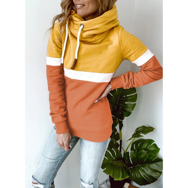 Dam tröjor enfärgad block turtleneck hoodie dam casual hoodie för höst vinter gul och orange XL