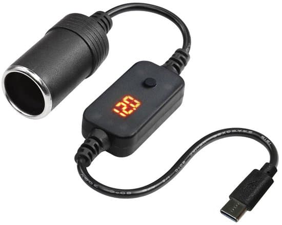 USB-C Male to 12V Car Cigarette Lighter Plug Type-C to Cigarette Lighter Adapter Converter Cable with Voltmeter Display, Adjustable Voltage