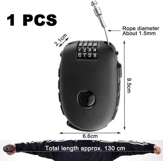 Cable Lock - Combination Lock - Secure Luggage - Retractable Cable - 130 cm - Black