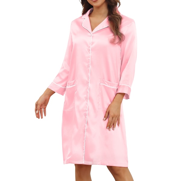 Kvinnor V-ringad nattskjorta Ren färg Snygg Elegant Knäppning Nattlinne Pyjamas klänning med ficka Rosa S