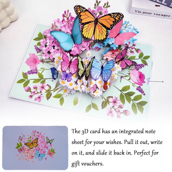 Unikt 3D Pop Up-kort - Fjärilar i naturen & Fjärilsblommönster för fru, flickvän, mamma, mormor - Till födelsedag, årsdag, mors dag