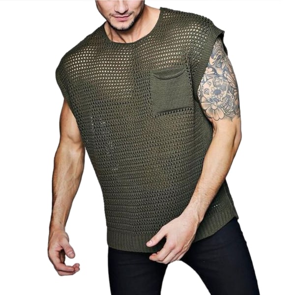 Menn Tanktopper Mesh Design Ren Farge Ermeløs Vest Maskinvask for Hjem Dating Grønn L