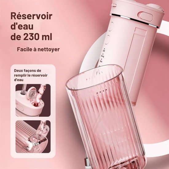 Mini bærbar vanntråd, tannsteinsfjerner, med 4 utskiftbare tilbehør, 4 moduser, 230 ml uttrekkbar vannbeholder, IPX7 vanntett, (rosa)