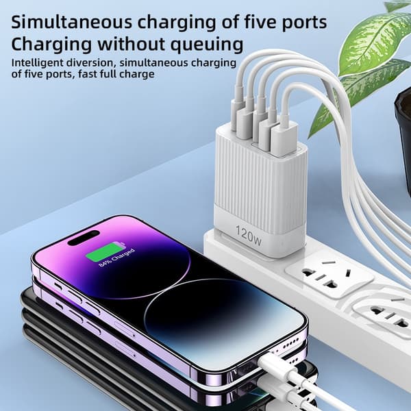 Telefon-/tablet-oplader, 120W, 3 USB-porte + 2 PD-porte, Sort