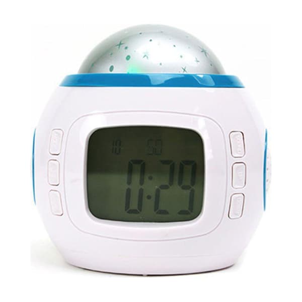 Projeksjonsvekkerklokke med bakgrunnsbelysning, slumrefunksjon, himmelprojektor, termometer og digital kalender.