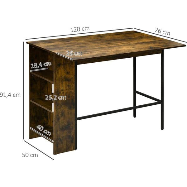 Central ö-barbord med fällbar sidopanel och 3 hyllor, 120 x 76 x 91,4 cm, Rustik Brun
