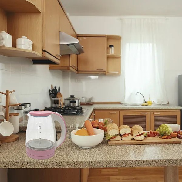 1500W Elektrisk Vattenkokare 2L Varmvattenkokare Bred Öppning Glas Tekanna Automatisk Avstängning Koktorkningsskydd EU-kontakt 220V Rosa