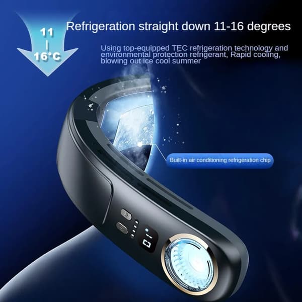 Neck-mounted fan with cooling function, blows cool air from 11 to 16 degrees Celsius, hidden fan blades, LED display, 3 wind speeds...