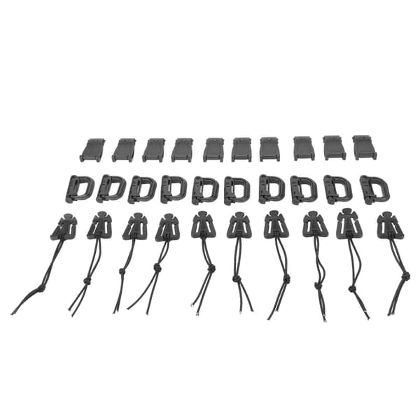 30-pack ryggsäcksremklämmor med D-ring, låsspännen och elastiskt sladdhanteringsset, svart