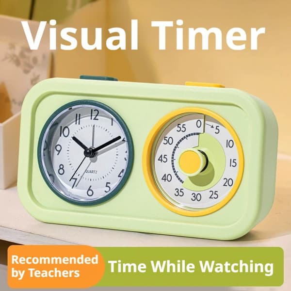 Child-Friendly Visual Timer with Clock Function - 60-Minute Countdown Timer with Dual Displays, Alarm, and Night Light, for Homework, Screen Time