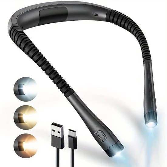 Rechargeable Neckband Reading Light - Flexible LED - Adjustable Angle, Hands-Free - Dimmable in Three Colors - Reading, Sewing - Black