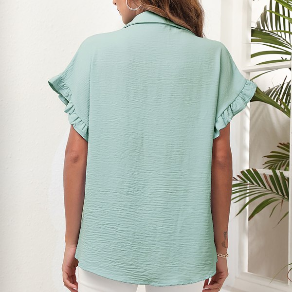 Kvinnor Button Up-skjortor Casual V-hals Spetsärmar Topp Polyester Pure Color Basic Skjorta för Working Shopping Ärtgrön XL