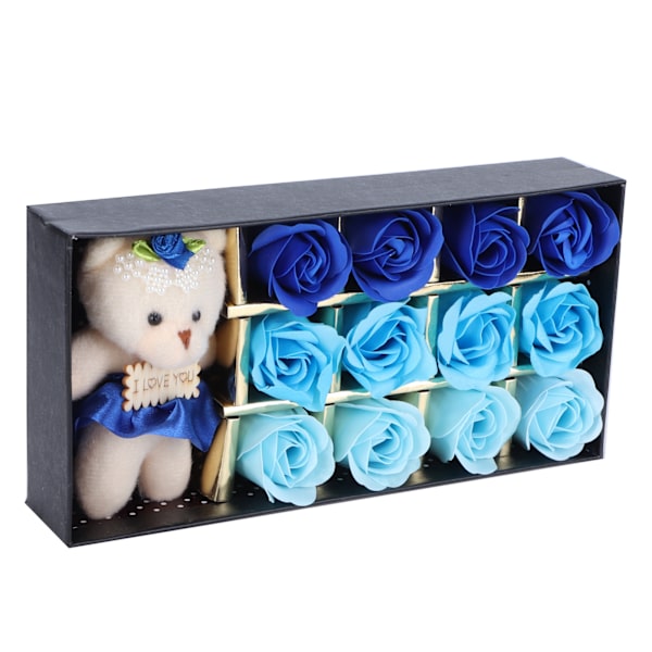 Unik Kunstig Rose Blomsterbjørn Dukke Gaveeske til Jubileum Bryllup Kjæreste (Blå Gradient)