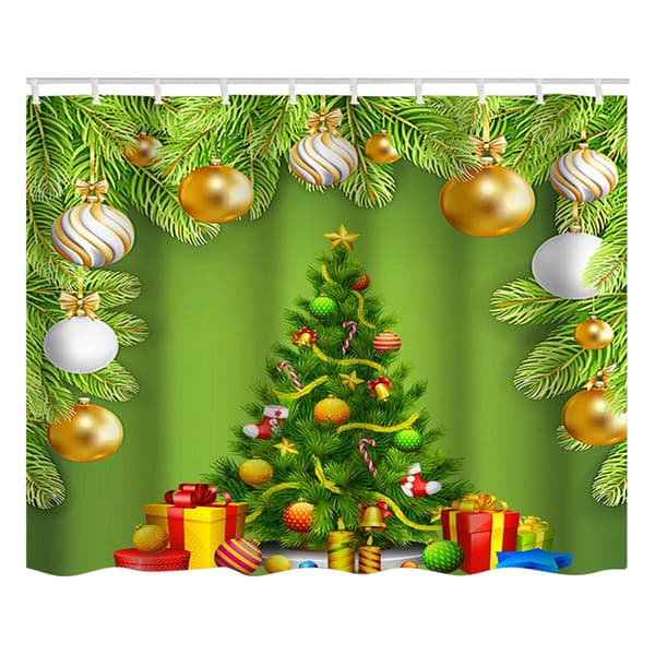 150x180cm Christmas Tree Pattern Shower Curtain Waterproof with Hooks Bathroom Decor