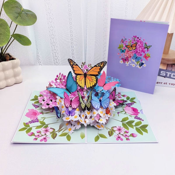 Unikt 3D Pop Up-kort - Fjärilar i naturen & Fjärilsblommönster för fru, flickvän, mamma, mormor - Till födelsedag, årsdag, mors dag