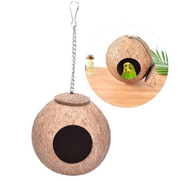 1 stk Naturlig Kokosnøddeskal Fuglerede Pet Fuglefoder Legetøj med 6 cm Hul