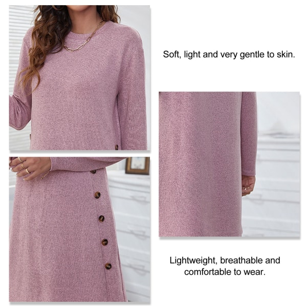 Kvinnors klänning midi en bit rund hals lång ärm enfärgad lös rak för hemmakontor rosa L