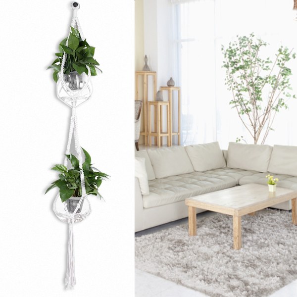 105cm Vævet Bomuldsreb Plantepot Holder Ben Hængende Reb Kurve Net Lomme (Dobbelt Bassin)