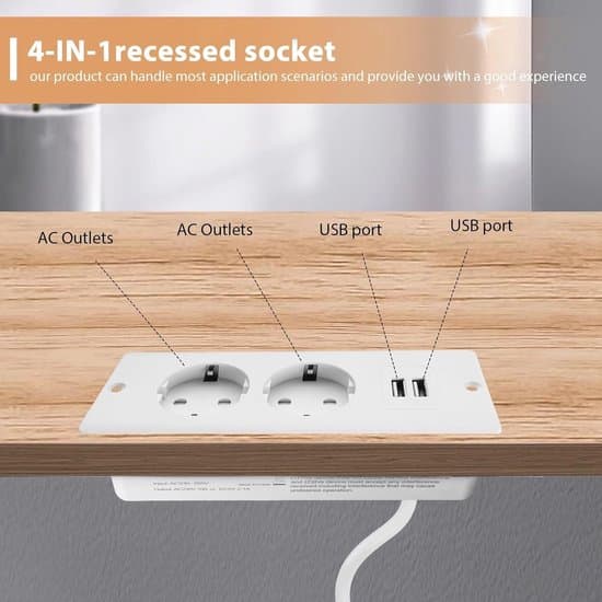 Desktop Power Strip with 2 Outlets, 2 USB Ports, and a 1.5-meter Cable – Suitable for Workspaces and Conference Tables (White).