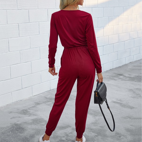 Långärmade byxor Jumpsuit Slim Spets V-ringad Polyester Mode Casual Damkläder Vinröd XXL