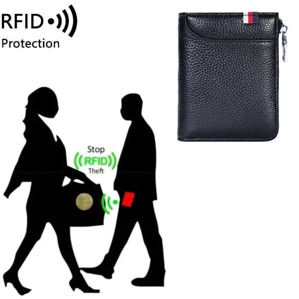 RFID-blockerande kreditkortshållare i äkta läder, litet kortfodral för kvinnor eller män, dragspels plånbok med dragkedja