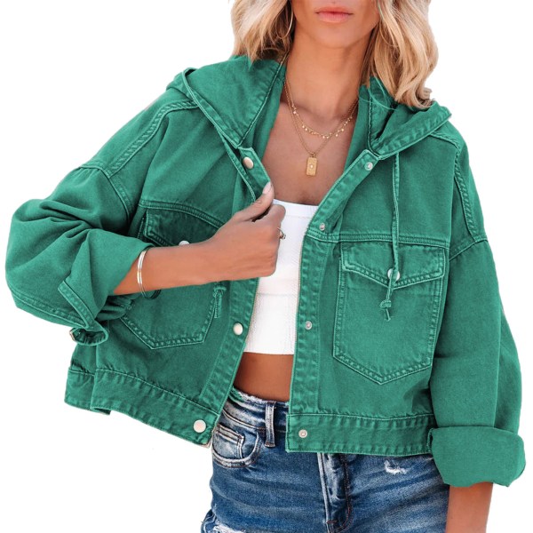 Women Fashionable Hooded Jacket Drawstring Single Breasted Drop Shoulders Casual Female Jacket Green L