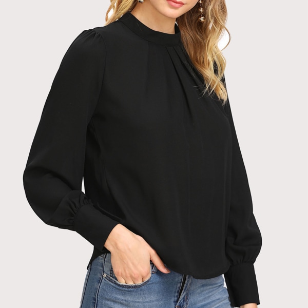 Women Shirt Small High Neck Back Hole Lantern Long Sleeve Chiffon Loose Women Casual Pullover Black M