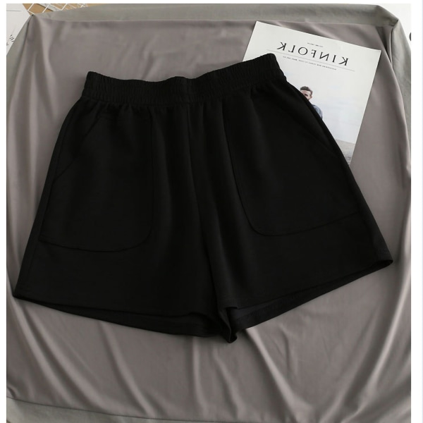 Sommarshorts för kvinnor med hög midja Andas elastisk lös typ Casual shorts för hembruk Svart M