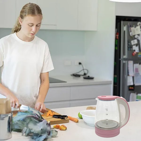 1500W Elektrisk Vattenkokare 2L Varmvattenkokare Bred Öppning Glas Tekanna Automatisk Avstängning Koktorkningsskydd EU-kontakt 220V Rosa