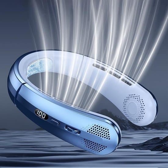 Bærbar halsventilator til sommer – USB-genopladelig, bladløs, med LED-display – Multifunktionel miniventilator til udendørs sport (Blå)