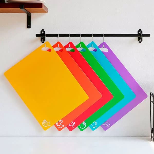 Thickened, Flexible Plastic Cutting Boards with Food Patterns, Dishwasher Safe, 6-Pack.